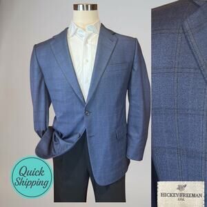 Hickey Freeman 44R Steel Slate Blue Plaid Sport Coat Blazer Worsted Wool